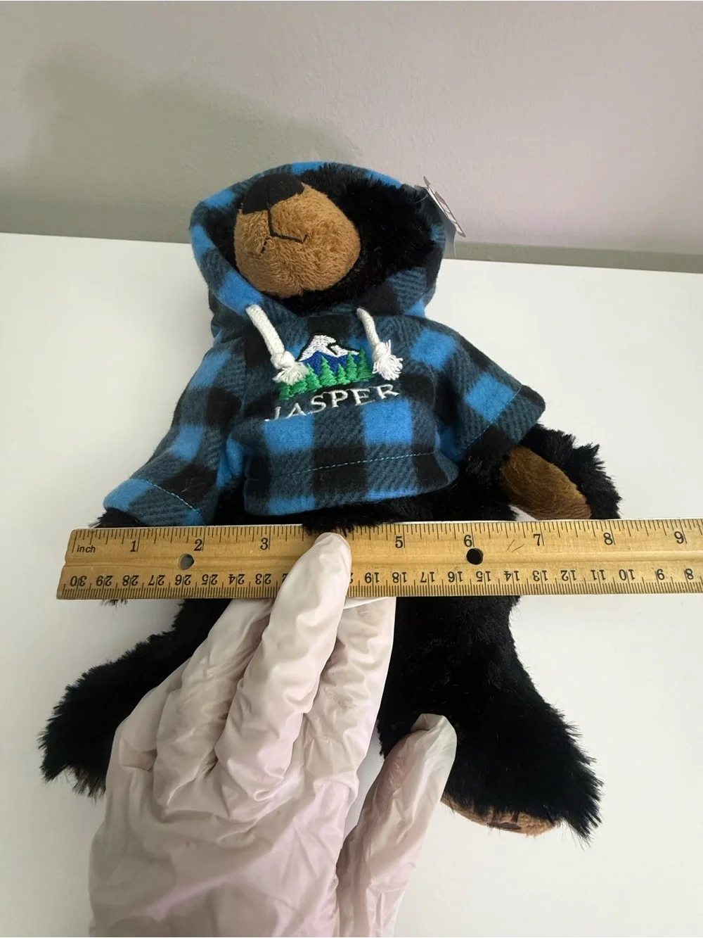Stuffed Animal House Black Bear Plush Blue Plaid Hoodie Jasper Canada Souvenir